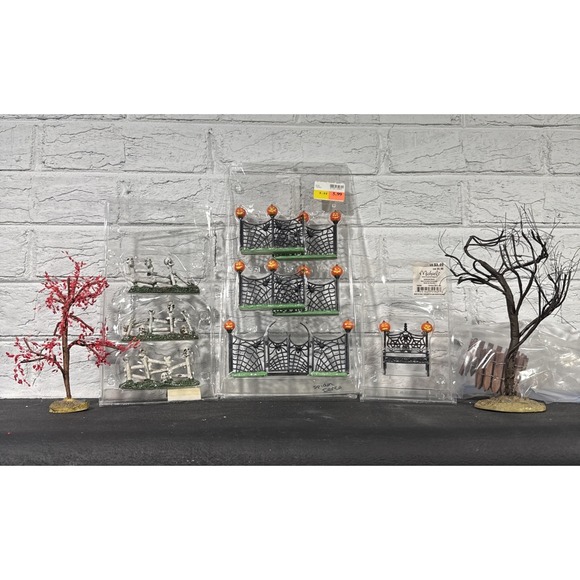Lemax Other - Lemax Spooky Town Halloween Accessory Lot Fences Spiderweb Skeleton Wood & Trees